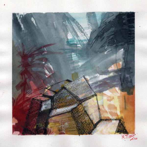 Mauricio Piza, Ruinas na Mata, Ruins in the Forest, watercolor, lithographic crayon and indian ink, 20 x 20 cm, 2020